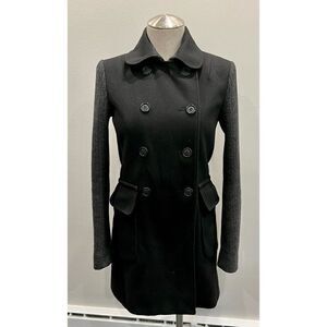 French Connection Black Wool Peacoat with Gray Knit Sleeves Size XS